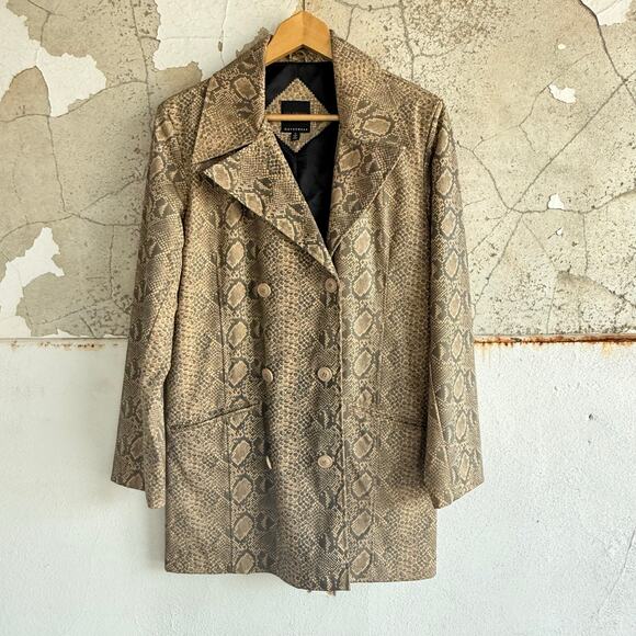 Y2K Snakeskin Jacket Faux Leather Reptile PVC Trench Coat Double Breasted Sz S - Picture 1 of 7